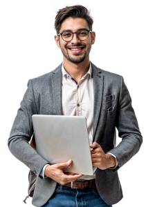 A man smiling holing a folder